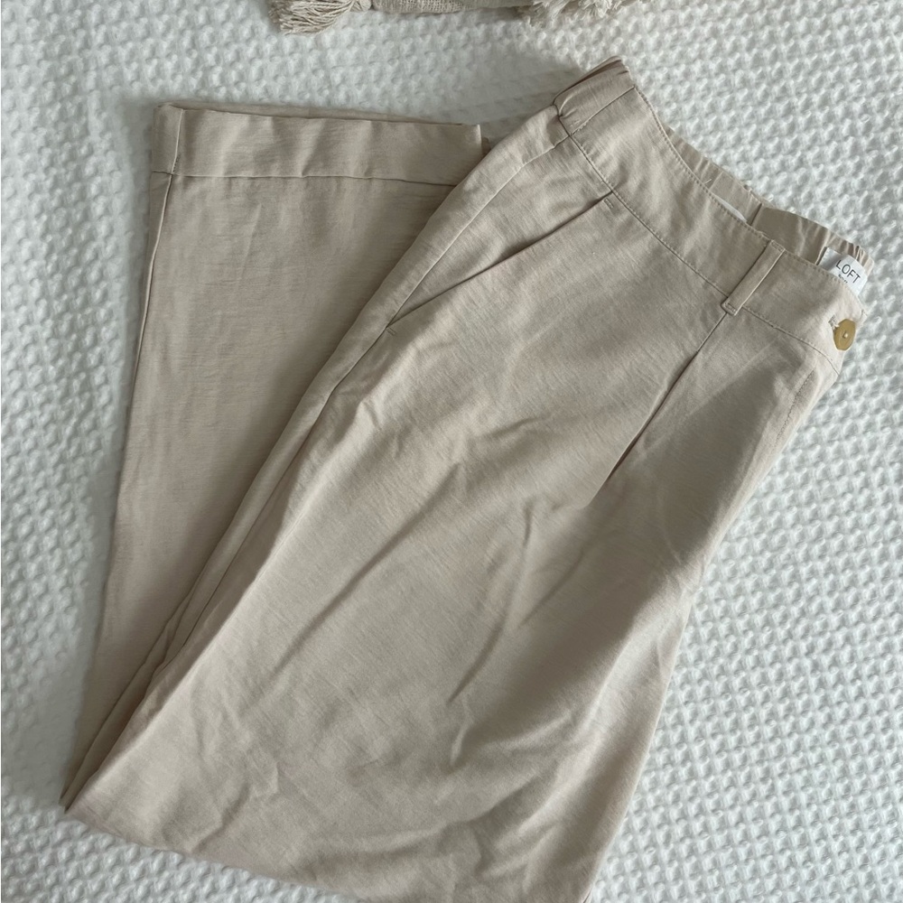 LOFT Tan Trousers Tapered Leg | 90% Rayon 10% Nylon